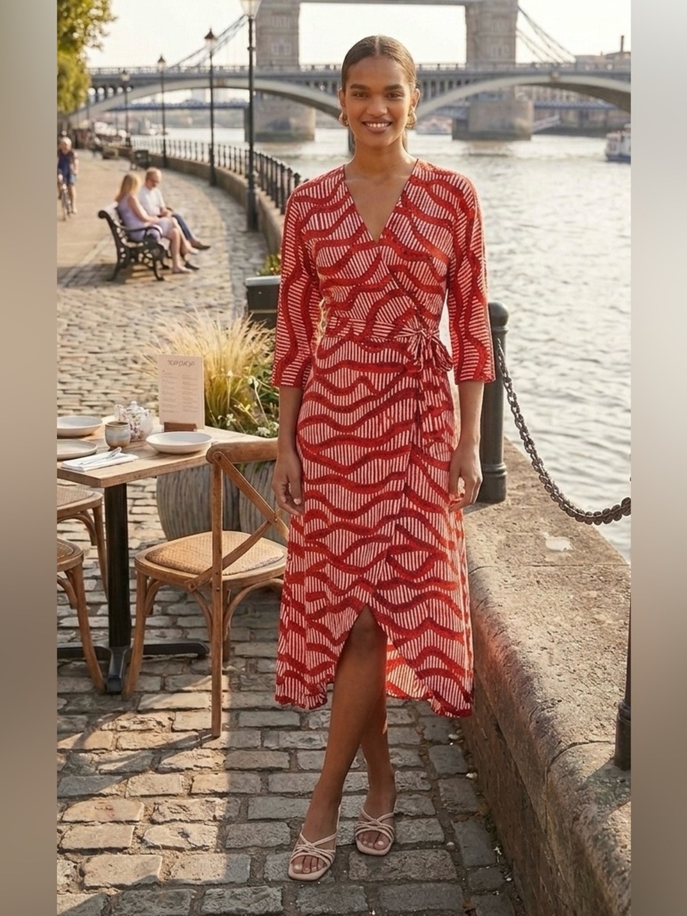 Topshop Graphic Matchstick Print Asymmetric Wrap Dress Red White US 6